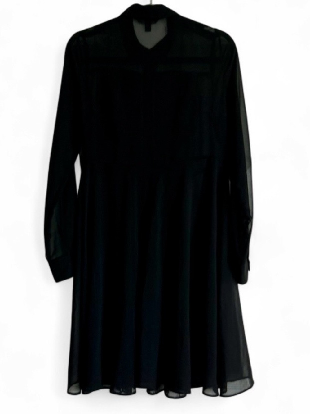 Banana Republic Black Chiffon Mini Dress Sheer Long Sleeves Button Up Collar XS